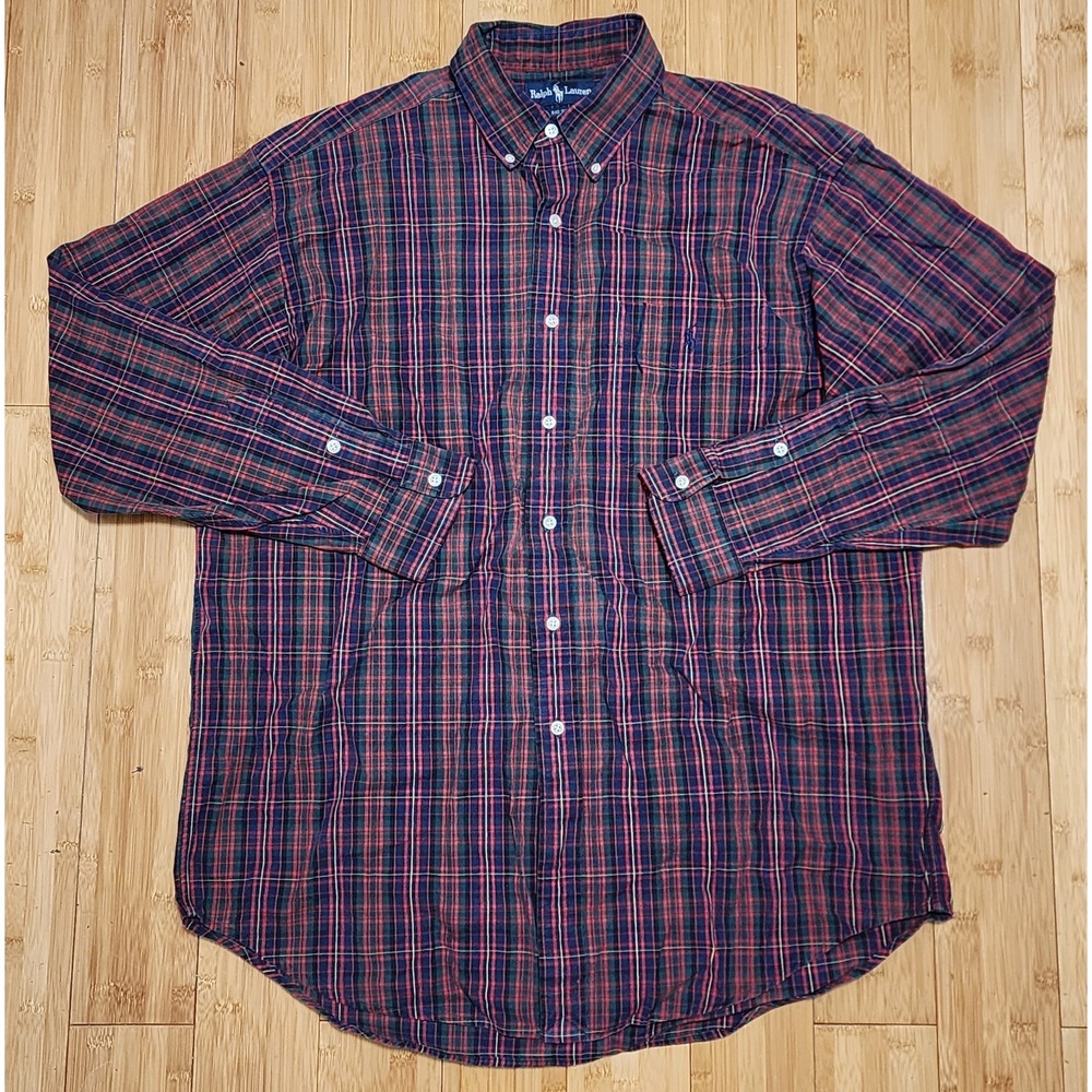 Polo Ralph Lauren Big Shirt Mens M Red Royal Stewart Plaid Button Down Pony VTG